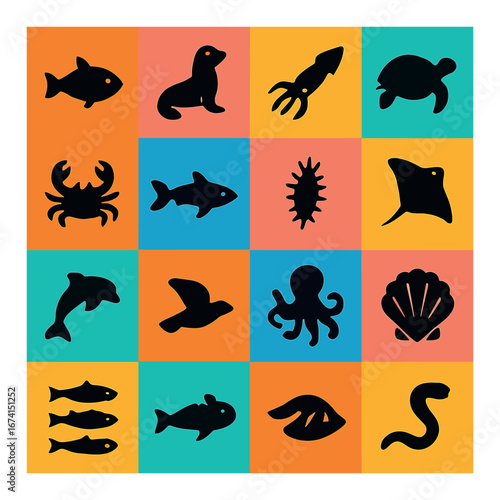 Silhouette marine life icons set featuring fish, seal, squid, turtle, crab, dolphin, bird, octopus, shell, ray
