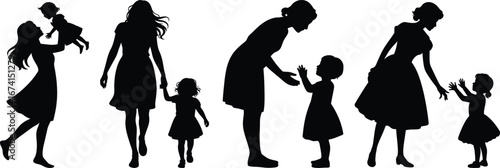 Silhouette Mothers and Children in Various Poses daughter family