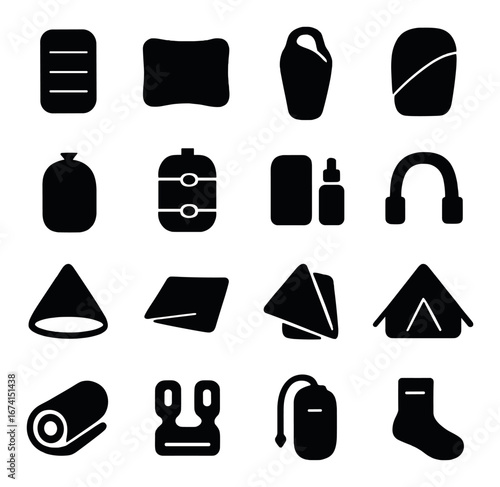 Silhouette camping icon set featuring sleeping bags, tents, backpacks, maps, and flashlights