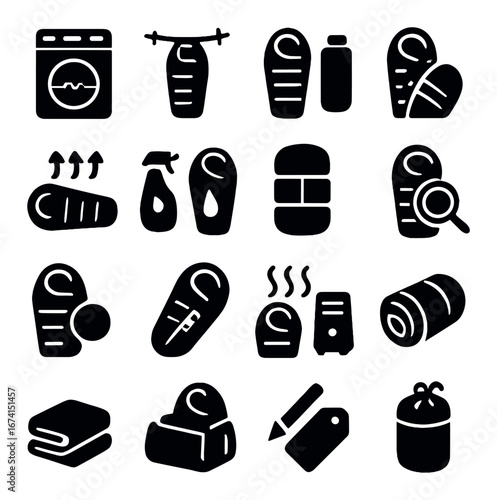 Silhouette laundry icons set featuring washer, ironing board, detergent, basket, spray bottle, and hanger symbols