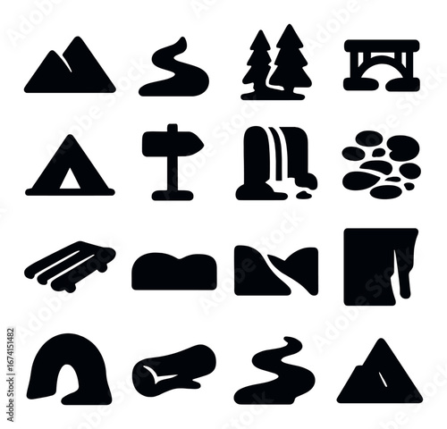Silhouette nature icon set featuring mountains, river, trees, bridge, waterfall, and campsite symbols