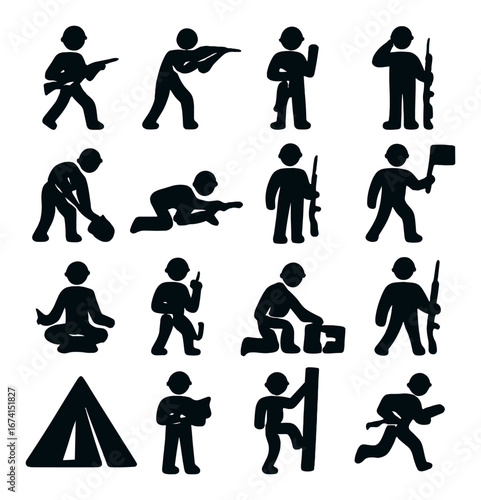 Silhouette military icon set featuring soldier, sniper, salute, and camp symbols