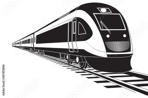 Sleek high-speed modern train moving swiftly on railway tracks, symbolizing efficient global transportation and technological advancement in travel