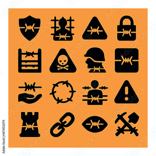 Silhouette security icon set featuring barbed wire, shield, lock, helmet, skull, padlock, and warning symbols