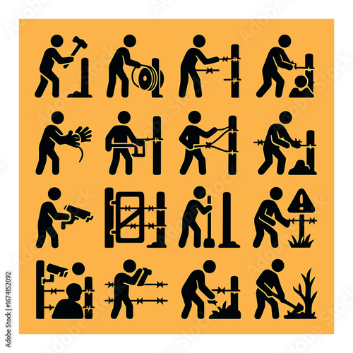 Silhouette construction worker icon set featuring hammering, sawing, welding, chiseling, and drilling