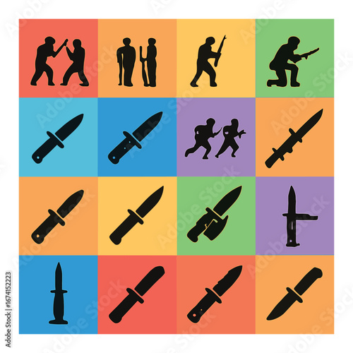 Silhouette military icon set featuring soldiers, knives, and combat action symbols