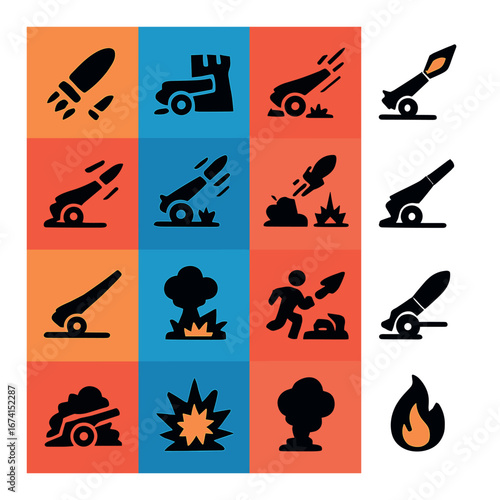 Silhouette war icon set featuring missile, tank, explosion, fire, cannon, and barricade symbols