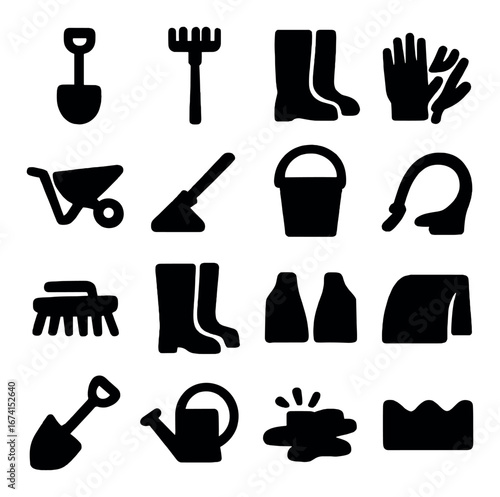 Silhouette gardening icon set featuring shovel, rake, boots, gloves, wheelbarrow, hose, bucket, and watering can