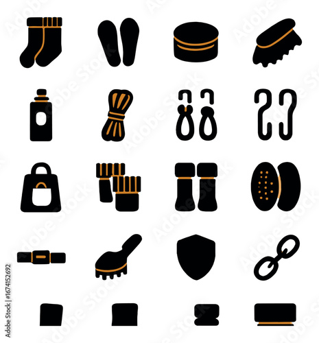 Silhouette sports icon set featuring socks, cleats, gloves, rope, carabiner, belt, roller, shopping bag