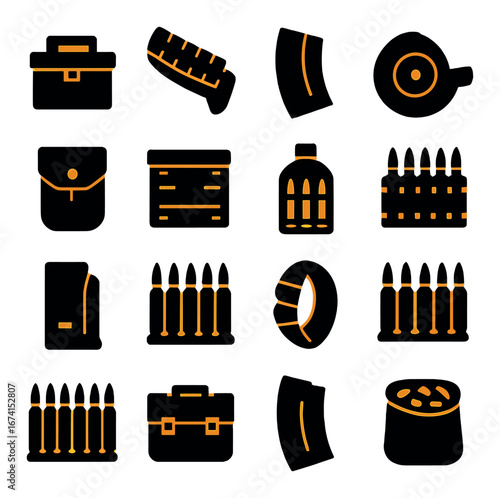 Silhouette ammunition icon set featuring bullets, magazines, cases, boxes, and containers symbols