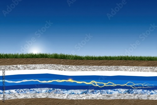 Cross-section of underground layers with electricity and water flow illustration