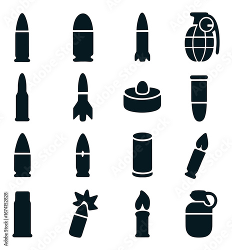 Silhouette military icon set featuring bullets, grenades, and ammunition symbols