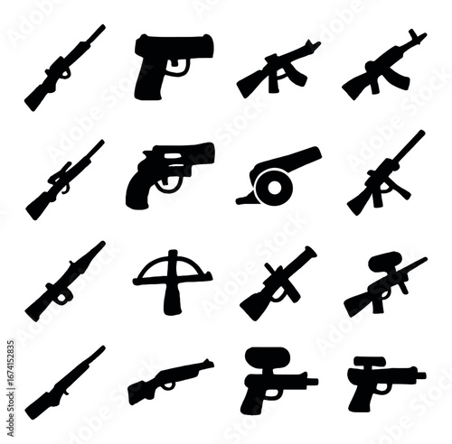 Silhouette weapon icon set featuring rifle, pistol, revolver, crossbow, and sniper symbols