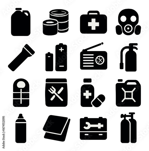 Silhouette survival icon set featuring water, cans, first aid, gas mask, radio, flashlight, fire extinguisher, and sleeping bag