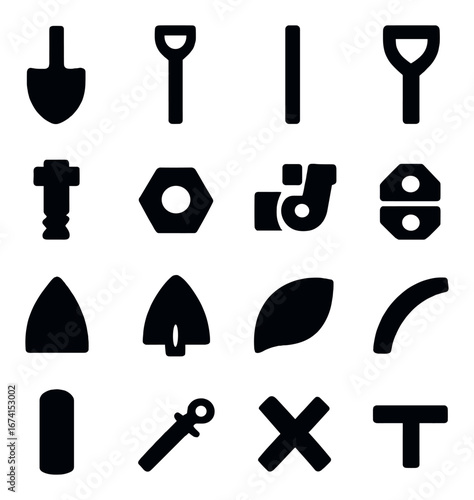 Silhouette gardening icon set featuring shovel, hose, nut, leaf, trowel, and spade tools
