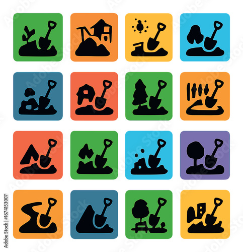 Silhouette gardening icons set featuring shovel, plant, tree, stone, water, path, house, and mountain
