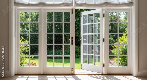 Fototapeta Naklejka Na Ścianę i Meble -  Open french doors lead to a sunlit garden view in summer