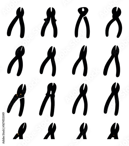 Silhouette tool icon set featuring pliers, wire cutters, and pincers