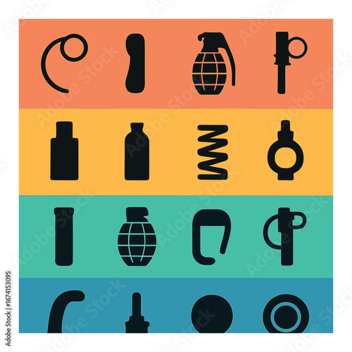 Silhouette military icon set featuring grenade, bullet, rifle, knife, tank, and helmet