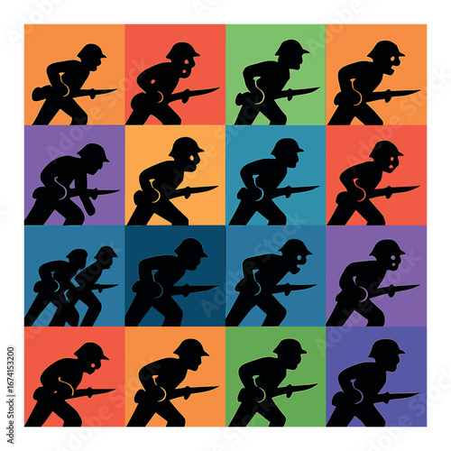 Silhouette soldier icon set featuring gun, helmet, army, military, weapon, uniform, and soldier symbols