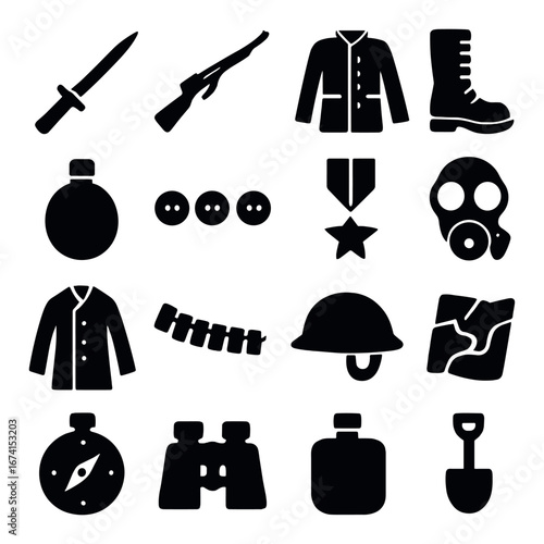 Silhouette military icon set featuring knife, rifle, jacket, boots, and compass symbols