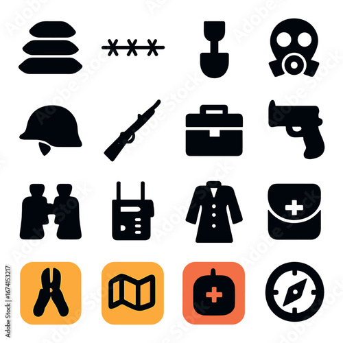 Silhouette military icon set featuring helmet, weapon, gas mask, map, coat, and first aid symbols