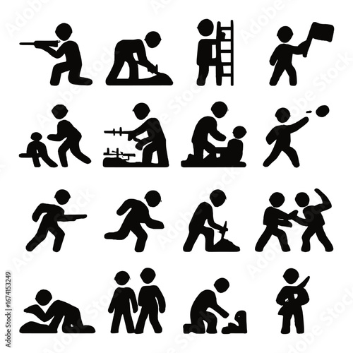 Silhouette activity icon set featuring shooting, digging, climbing, waving, and playtime symbols