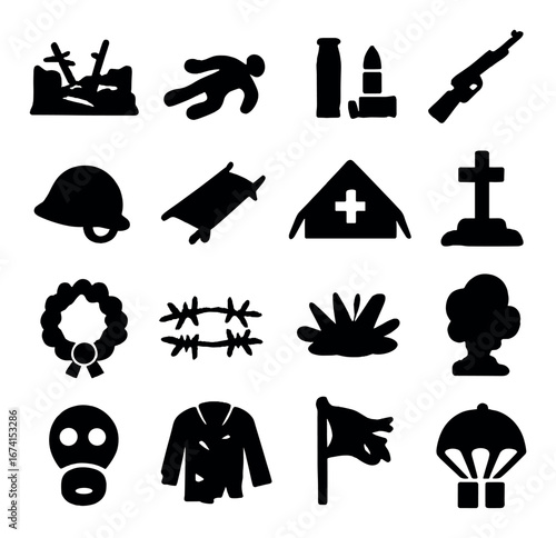 Silhouette military icon set featuring soldier, weapon, helmet, grenade, parachute, and medical tent symbols