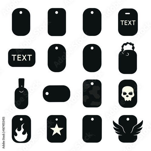 Silhouette military icon set featuring dog tags, skull, flame, star, wings, and grenade symbols