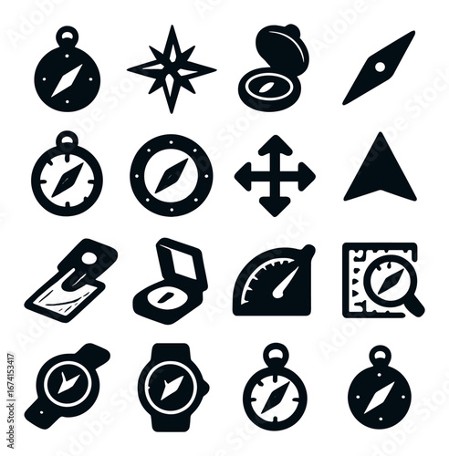 Silhouette navigation icon set featuring compass, map, direction, path, and gps symbols