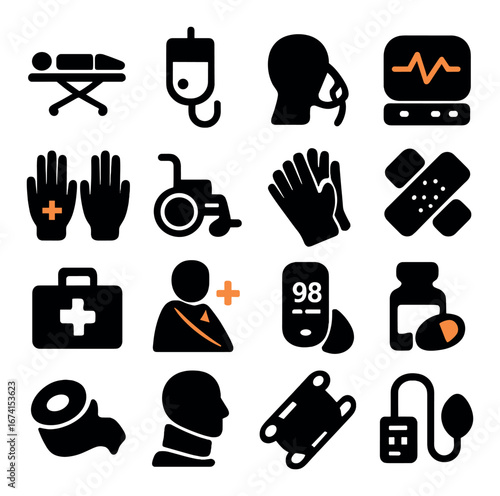 Silhouette medical icons set with stretcher, iv, headset, monitor, bandage, and more