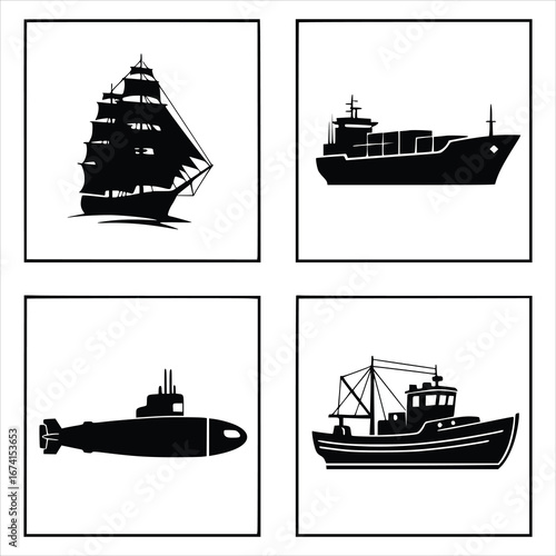 Collection of various ships and boats isolated on white background, showcasing different types of maritime vessels used for transportation and recreation