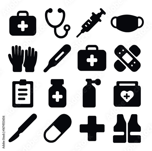 Silhouette medical icon set featuring stethoscope, syringe, mask, gloves, thermometer, bandaid, and more