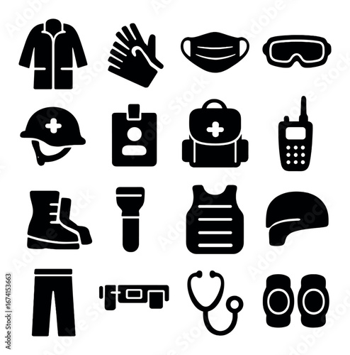 Silhouette safety icon set featuring helmet, gloves, mask, goggles, boots, stethoscope, and walkie-talkie