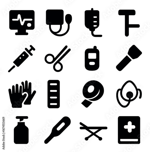 Silhouette medical icons set featuring monitor, blood pressure, iv, syringe, scissors, pager, flashlight, gloves, clipboard, bandage, stethoscope, sanitizer, thermometer, stretcher, first aid kit