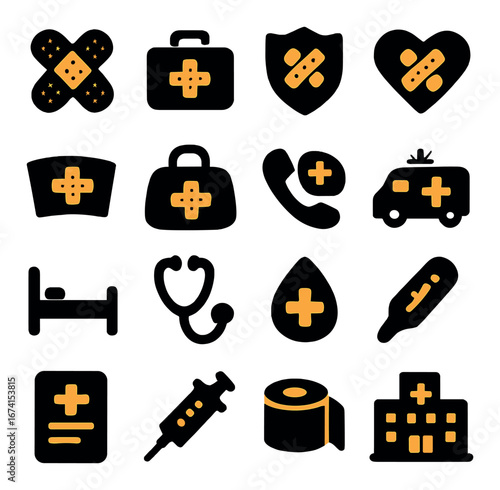 Silhouette medical icon set featuring first aid, ambulance, stethoscope, hospital, and medication symbols