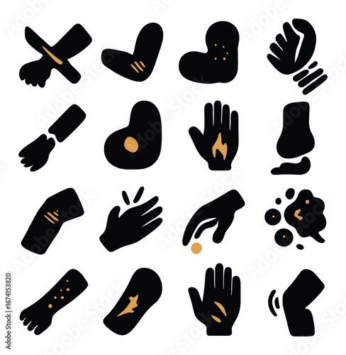Silhouette halloween icons set featuring hat, heart, shoe, ghost, hand, fire, foot, skull