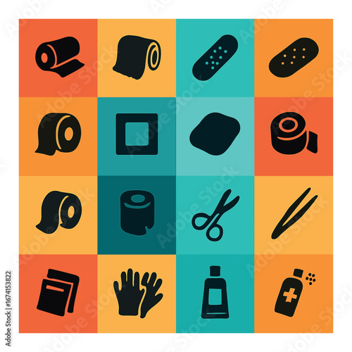 Flat first aid icon set featuring bandage, scissors, tape, gloves, tweezers, tissue, and ointment symbols