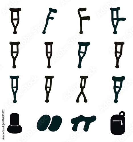 Silhouette medical icon set featuring crutches, foot brace, insoles, orthopedic cast, and medical boot symbols