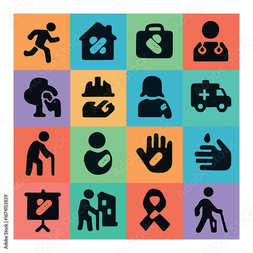 Flat health awareness icon set featuring running, heart, house, doctor, and emergency symbols