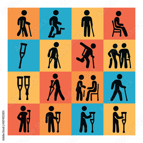 Silhouette healthcare icon set featuring crutches, injury, support, mobility aid, and rehabilitation symbols