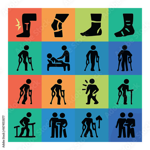 Silhouette healthcare icons set featuring injury, bandage, crutches, therapy, walking, and support symbols