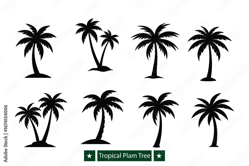 Naklejka premium Set of Tropical palm tree silhouette vector , Tropical palm tree silhouette vector bundle 