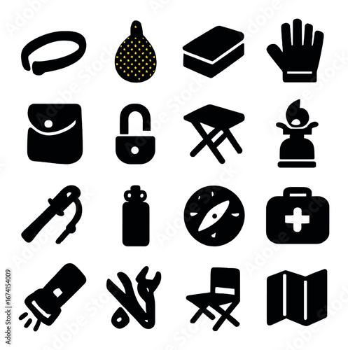 Silhouette camping icon set featuring survival, campfire, compass, first aid, tent, flashlight, and backpack symbols