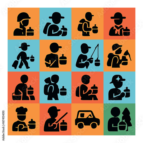 Silhouette camping icon set with fisherman, backpacker, hiker, camper, and ranger symbols