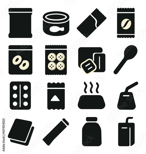 Silhouette snacks icon set featuring chips, canned food, candy, cookies, spoon, and juice box