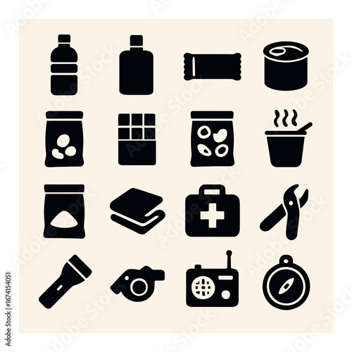 Silhouette emergency kit icon set featuring water, medicine, food, tools, flashlight, whistle, radio, compass