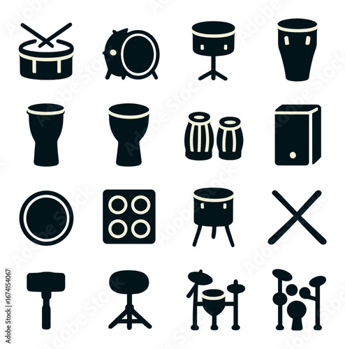 Silhouette music instrument icon set featuring drums, bongos, cajón, and drumsticks
