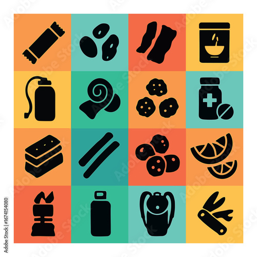 Silhouette fitness icon set featuring protein bar, dumbbells, smoothie, hydration, yoga mat, and supplements