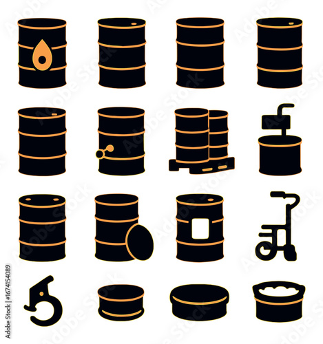 Silhouette energy icon set featuring oil barrel, valve, pipeline, pumpjack, and storage tank symbols